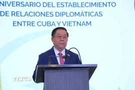 Đại tướng Nguyễn Trọng Nghĩa, Ủy viên Bộ Chính trị, Bí thư Trung ương Đảng, Chủ nhiệm Tổng cục Chính trị Quân đội nhân dân Việt Nam phát biểu tại buổi lễ. (Ảnh: Việt Đức/TTXVN) 