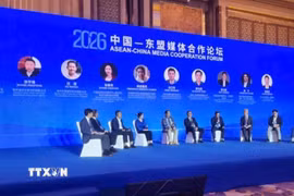 Đại diện Việt Nam và các nước chia sẻ kinh nghiệm thực tiễn về hợp tác truyền thông và nội dung số. (Ảnh: Quang Hưng/TTXVN)