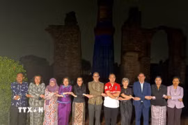 Các Đại sứ, Đại biện lâm thời và đại diện các nước thành viên ASEAN cùng thực hiện nghi thức bắt tay theo truyền thống ASEAN và chụp ảnh lưu niệm tại buổi lễ. (Ảnh: Quang Trung/TTXVN)
