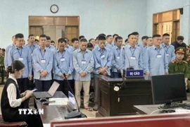 Các bị cáo trong phiên xét xử sơ thẩm vụ án "Chế tạo, tàng trữ, mua bán trái phép vũ khí quân dụng”. (Ảnh: Hồng Điệp/TTXVN)