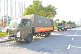 Đoàn xe mang 30 tấn hàng hóa tới đồng bào Gia Lai. (Ảnh: Nguyễn Cúc/TTXVN) 