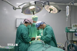 Các bác sỹ Bệnh viện Trung ương Huế và Đoàn phẫu thuật thiện nguyện Interplast phẫu thuật miễn phí cho các bệnh nhi có dị tật khe hở môi, vòm miệng. (Ảnh: Mai Trang/TTXVN)