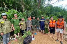 Các lực lượng chức năng đã giải cứu thành công 3 người dân bị mắc kẹt do mưa lũ. (Ảnh: TTXVN phát)