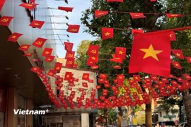 Đường phố thủ đô Hà Nội trang hoàng rực rỡ chào mừng 80 năm Cách mạng Tháng Tám và Quốc khánh 2/9. (Ảnh: Vietnam+)