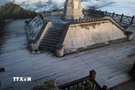 Sương muối phủ một lớp trắng mỏng trên sàn gỗ đỉnh Fansipan, nơi khách du lịch thường ngắm mây. (Ảnh: TTXVN phát)