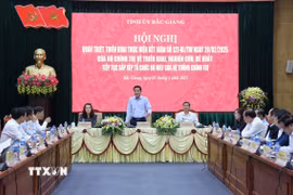 Ngày 5/2/2025, Ban Thường vụ Tỉnh ủy Bắc Giang, tổ chức Hội nghị quán triệt, triển khai thực hiện Kết luận số 127-KL/TW ngày 28/02/2025 của Bộ Chính trị, Ban Bí thư về triển khai nghiên cứu, đề xuất tiếp tục sắp xếp tổ chức bộ máy của hệ thống chính trị. (Ảnh: Danh Lam/TTXVN)
