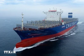 Tàu chở container siêu lớn trọng tải 14.800 TEU chạy bằng nhiên liệu khí đốt hóa lỏng (LNG) do Hyundai Samho chế tạo. (Ảnh: Yonhap/TTXVN)