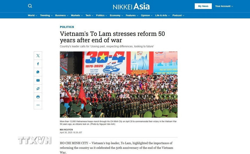 Báo Nikkei Asia của Nhật Bản đưa tin về niềm tự hào của người dân Việt Nam trong Lễ kỷ niệm 50 năm thống nhất đất nước ngày 30/4. (Ảnh chụp màn hình)