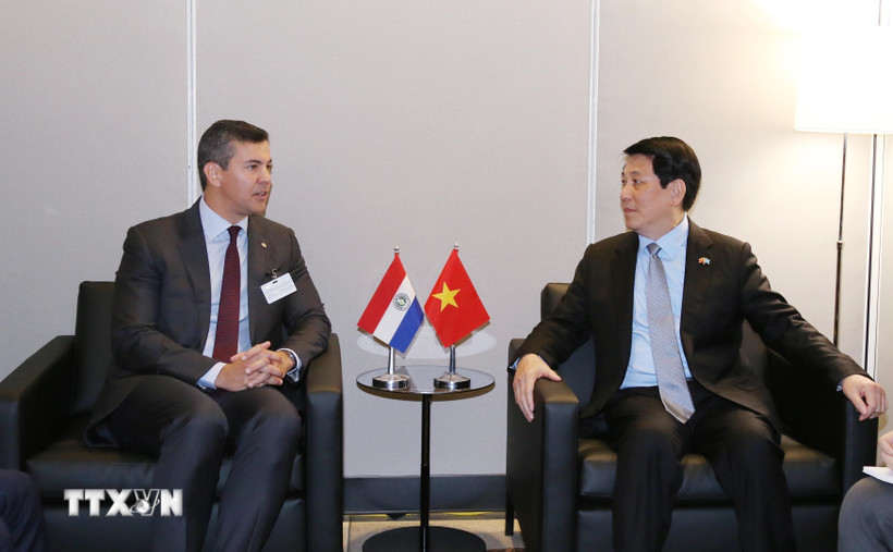 Chủ tịch nước Lương Cường gặp Tổng thống Paraguay Santiago Pena Palacios. (Ảnh: TTXVN)