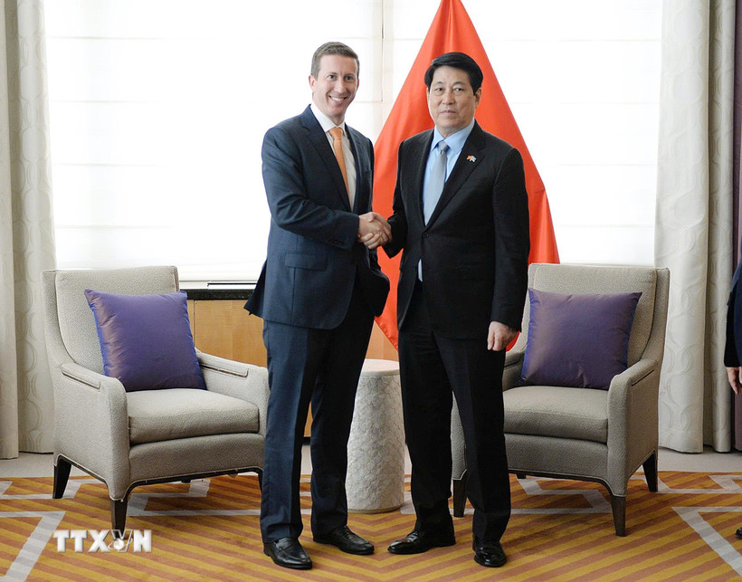 Chủ tịch nước Lương Cường tiếp Giám đốc điều hành Quỹ đầu tư Warburg Pincus, Chủ tịch Hội đồng Kinh doanh Hoa Kỳ-ASEAN Jeffey David Perlman. (Ảnh: TTXVN)