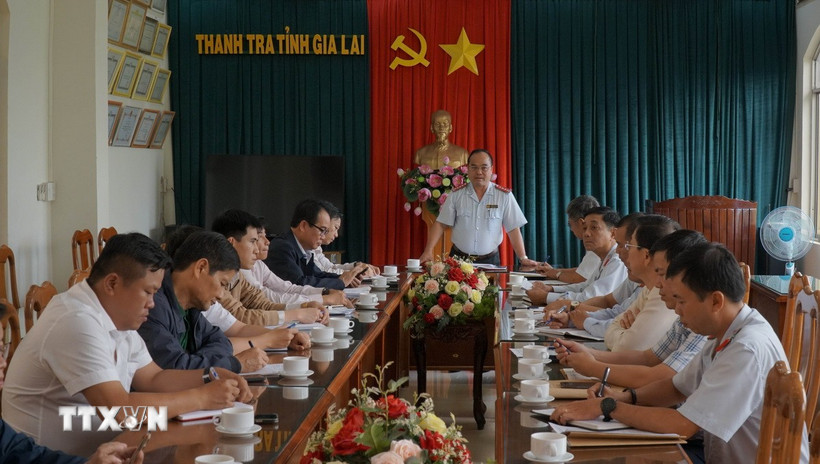 Ông Trần Hữu Đức, Chánh Thanh tra tỉnh Gia Lai, phát biểu tại buổi công bố Quyết định thanh tra toàn diện Công ty TNHH MTV cà phê Gia Lai. (Ảnh: Hoài Nam/TTXVN)