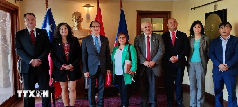 Đoàn công tác vùng Los Ríos của Chile cùng Đại sứ Việt Nam tại Chile Nguyễn Việt Cường tại buổi gặp. (Ảnh: TTXVN phát)