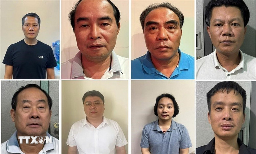 Các đối tượng từ trái qua phải: Bùi Thanh Bình, Nguyễn Văn Bình, Ngô Tiến Cương, Nguyễn Duy Nghiệp, Nguyễn Xuân Tốt, Nguyễn Văn Đức, Lê Xuân Định, Nguyễn Trường Giang. (Ảnh: TTXVN phát)