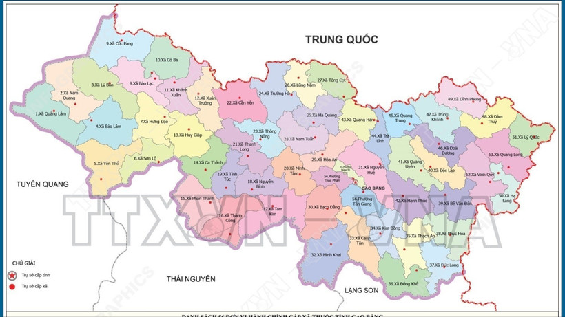 56 đơn vị hành chính cấp xã của tỉnh Cao Bằng năm 2025