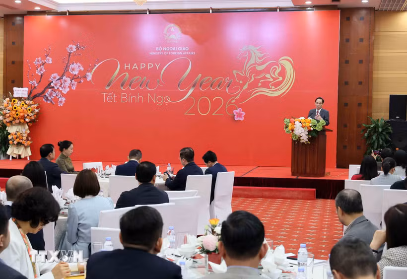 Đồng chí Lê Hoài Trung, Bí thư Trung ương Đảng, Bộ trưởng Bộ Ngoại giao phát biểu tại buổi gặp mặt. (Ảnh: An Đăng/TTXVN)
