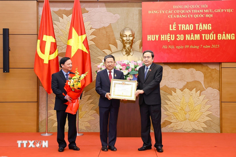 Chủ tịch Quốc hội Trần Thanh Mẫn trao tặng Huy hiệu 30 năm tuổi Đảng cho đồng chí Vũ Hải Hà. (Ảnh: Doãn Tấn/TTXVN)