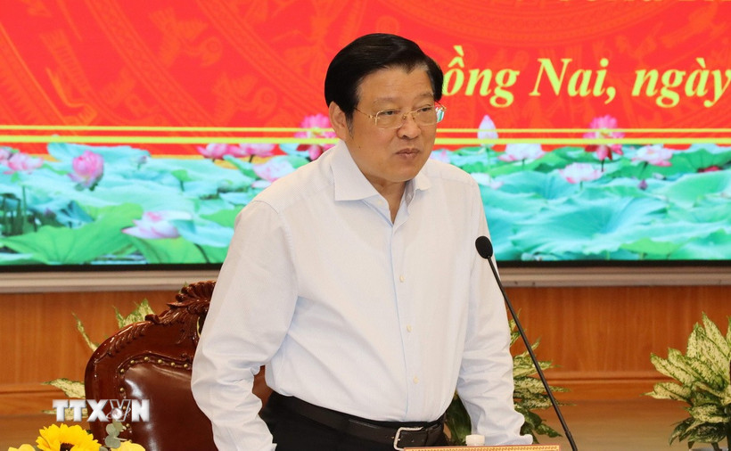 Đồng chí Phan Đình Trạc, Ủy viên Bộ Chính trị, Bí thư Trung ương Đảng, Trưởng Ban Nội chính Trung ương, Trưởng Đoàn công tác 284 của Bộ Chính trị phát biểu tại buổi làm việc. (Ảnh: Sỹ Tuyên/TTXVN)