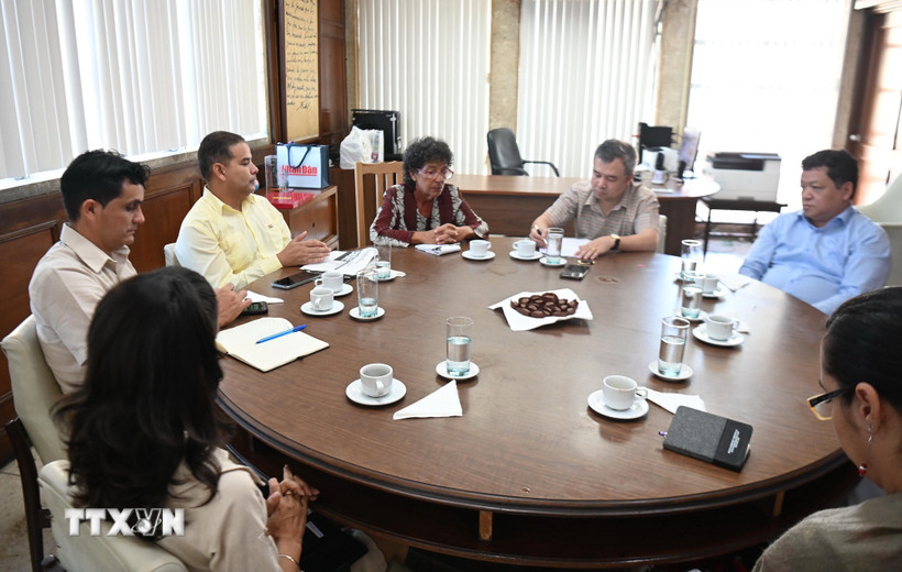 Toàn cảnh buổi làm việc của đoàn báo Nhân dân và Ban Lãnh đạo báo Granma. (Ảnh: Việt Hùng/TTXVN)