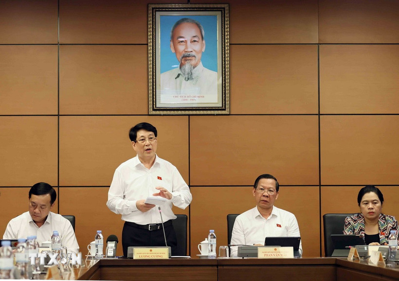 Chủ tịch nước Lương Cường, đại biểu Quốc hội Thành phố Hồ Chí Minh phát biểu tại tổ. (Ảnh: An Đăng/TTXVN)