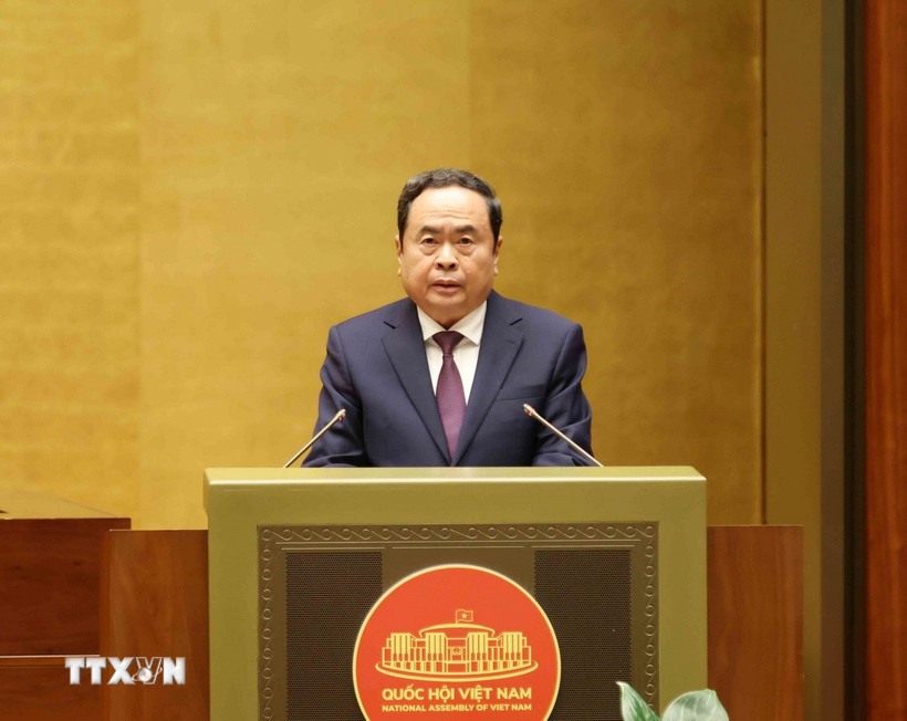 Đồng chí Trần Thanh Mẫn, Ủy viên Bộ Chính trị, Chủ tịch Quốc hội quán triệt chủ trương, giải pháp về thể chế pháp luật để đột phá phát triển khoa học, công nghệ, đổi mới sáng tạo và chuyển đổi số quốc gia. (Ảnh: Phương Hoa/TTXVN)