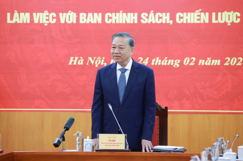 Tổng Bí thư Tô Lâm phát biểu chỉ đạo tại buổi làm việc. (Ảnh: Thống Nhất/TTXVN)
