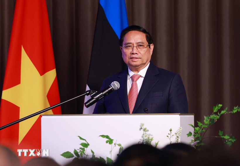 Thủ tướng Phạm Minh Chính phát biểu tại Diễn đàn doanh nghiệp Việt Nam-Estonia. (Ảnh: Dương Giang/TTXVN)