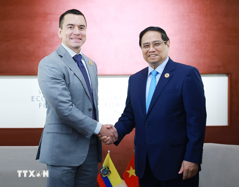 Thủ tướng Phạm Minh Chính gặp Tổng thống Ecuador Daniel Noboa. (Ảnh: Dương Giang/TTXVN)
