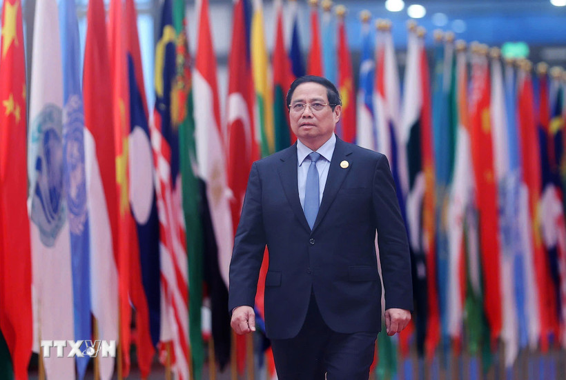 Thủ tướng Phạm Minh Chính đến dự chiêu đãi các Trưởng đoàn tham dự Hội nghị Thượng đỉnh Tổ chức Hợp tác Thượng Hải (SCO) 2025. (Ảnh: Dương Giang/TTXVN)