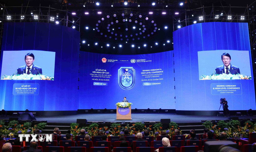 Đại tướng Lương Tam Quang, Bộ trưởng Bộ Công an Việt Nam phát biểu bế mạc Lễ mở ký Công ước của Liên hợp quốc về chống tội phạm mạng. (Nguồn: TTXVN)