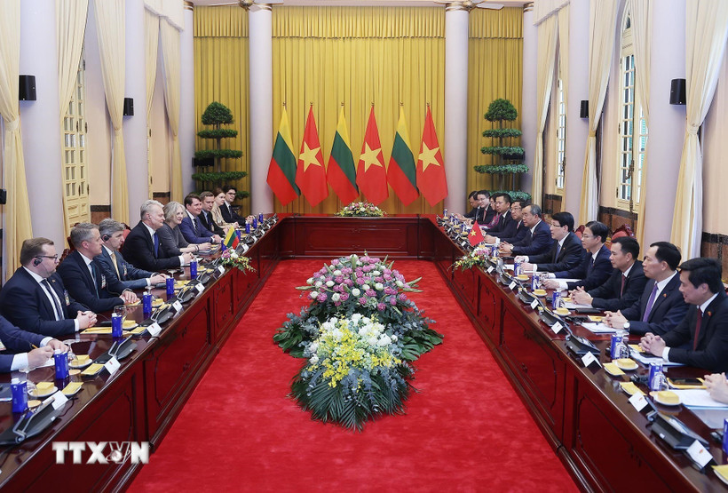 Chủ tịch nước Lương Cường hội đàm với Tổng thống Litva Gitanas Nauseda. (Ảnh: Lâm Khánh/TTXVN)