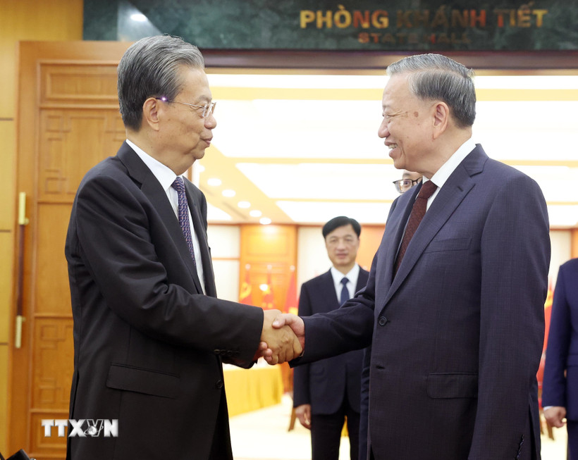 Tổng Bí thư Tô Lâm tiếp Ủy viên trưởng Nhân đại toàn quốc Trung Quốc Triệu Lạc Tế. (Ảnh: Thống Nhất/TTXVN)