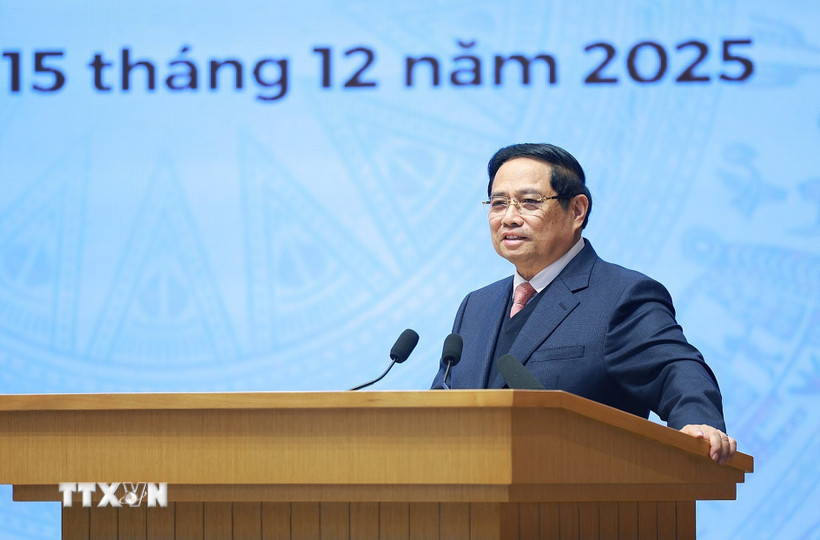 Thủ tướng Phạm Minh Chính phát biểu tại Lễ kỷ niệm 50 năm thành lập Ủy ban Biên giới Quốc gia. (Ảnh: Dương Giang/TTXVN)