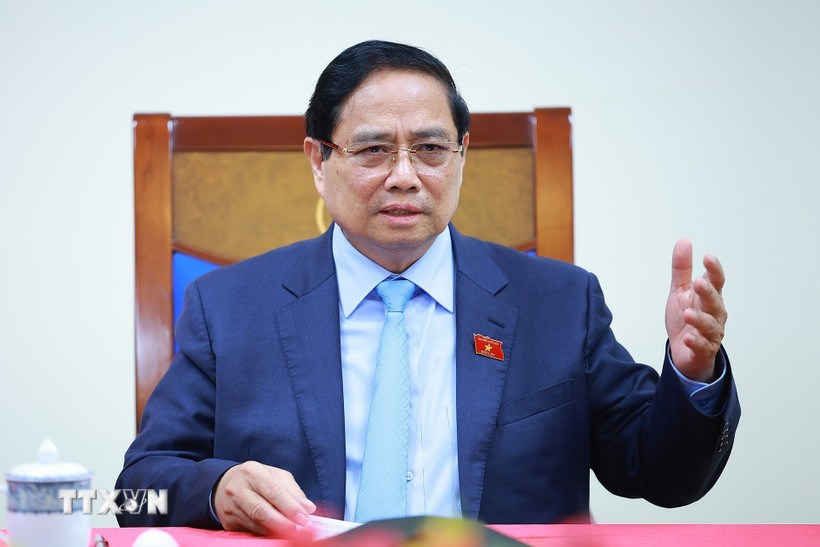 Thủ tướng Phạm Minh Chính điện đàm với Thủ tướng Thái Lan Anutin Charnvirakul. (Ảnh: Dương Giang/TTXVN)