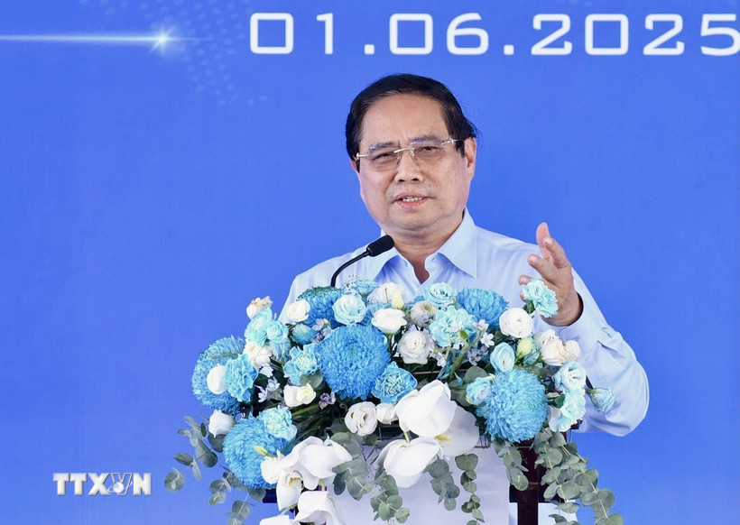 Thủ tướng Phạm Minh Chính phát biểu tại Lễ khởi công dự án Tổ hợp Không gian sáng tạo CMC tại Hà Nội. (Ảnh: Dương Giang/TTXVN)