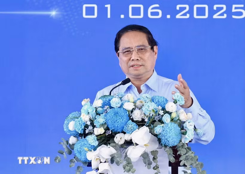 Thủ tướng Phạm Minh Chính phát biểu tại Lễ khởi công dự án Tổ hợp Không gian sáng tạo CMC tại Hà Nội. (Ảnh: Dương Giang/TTXVN)