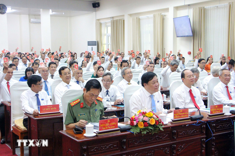 Các đại biểu tiến hành biểu quyết thông qua nghị quyết Đại hội. (Ảnh: Trung Kiên/TTXVN)