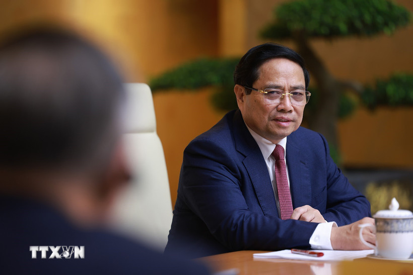 Thủ tướng Phạm Minh Chính phát biểu tại cuộc tiếp đồng chí Lâm Vũ, Bí thư Tỉnh ủy Sơn Đông (Trung Quốc). (Ảnh: Dương Giang/TTXVN)