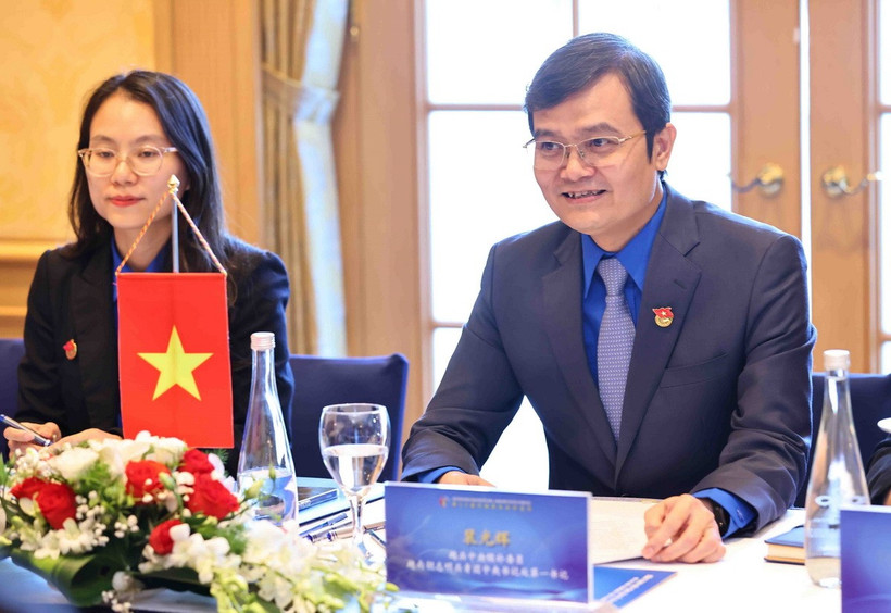 Đồng chí Bùi Quang Huy, Bí thư thứ nhất Ban chấp hành Trung ương Đoàn Thanh niêm Cộng sản Hồ Chí Minh phát biểu. (Ảnh: Minh Đức/TTXVN)