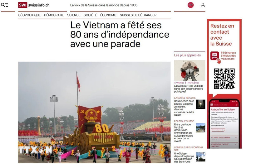 Bài viết trên SwissInfo có nhan đề “Việt Nam kỷ niệm 80 năm độc lập với lễ diễu hành quy mô lớn”. (Ảnh: Chụp bài báo)