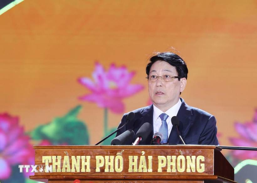 Chủ tịch nước Lương Cường phát biểu tại buổi lễ. (Ảnh: Lâm Khánh/TTXVN)