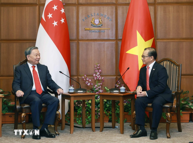 Tổng Bí thư Tô Lâm gặp Chủ tịch Quốc hội Singapore Seah Kian Peng. (Ảnh: Thống Nhất/TTXVN)