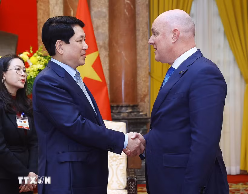 Chủ tịch nước Lương Cường tiếp Thủ tướng New Zealand Christopher Luxon. (Ảnh: Lâm Khánh/TTXVN)