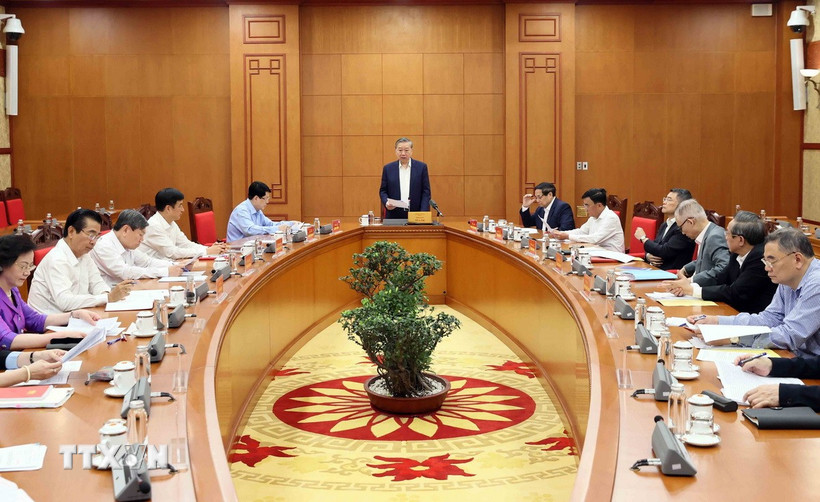 Tổng Bí thư Tô Lâm, Trưởng Tiểu ban Nhân sự Đại hội XIV của Đảng phát biểu. (Ảnh: An Đăng/TTXVN)