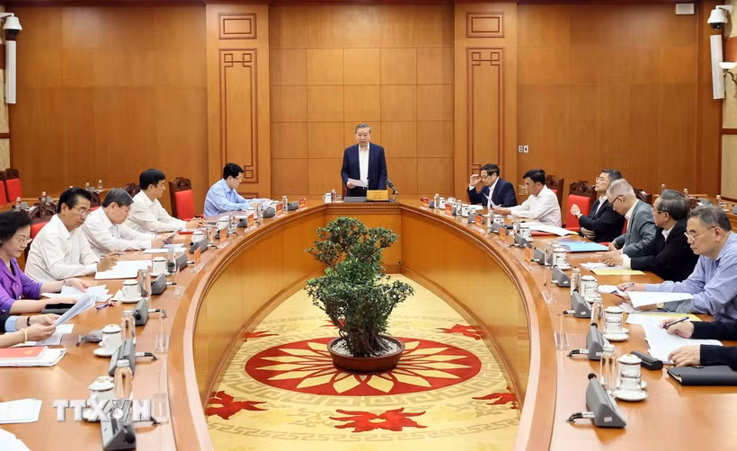 Tổng Bí thư Tô Lâm, Trưởng Tiểu ban Nhân sự Đại hội XIV của Đảng phát biểu. (Ảnh: An Đăng/TTXVN)