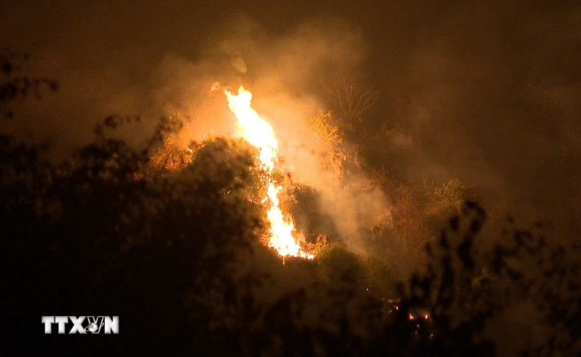 Chiều 23/1/2025, trên núi Phủ Khống, thuộc xã Trường Yên, thành phố Hoa Lư, tỉnh Ninh Bình xảy ra vụ cháy rừng đặc dụng. (Ảnh: Đức Phương/TTXVN)
