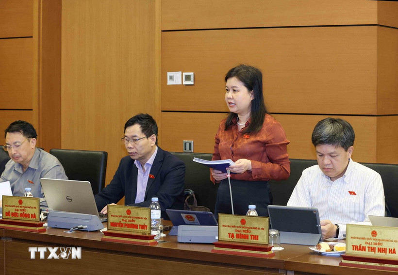 Đại biểu Quốc hội Thành phố Hà Nội Nguyễn Phương Thủy thảo luận ở tổ. (Ảnh: Phương Hoa/TTXVN)