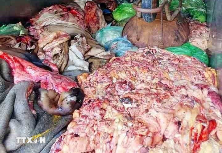 Số da và mỡ lợn không có giấy tờ được thu giữ. (Ảnh: TTXVN phát)