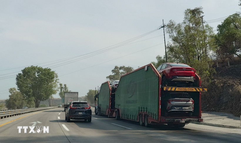 Vận chuyển ôtô sản xuất tại Mexico xuất khẩu sang Mỹ trên tuyến cao tốc thuộc khu vực bang San Luis Potosí, cách biên giới Mexico-Mỹ khoảng 400km. (Ảnh: Phi Hùng/TTXVN)