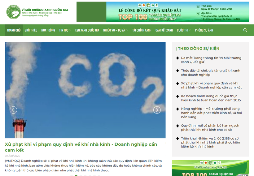 Giao diện trang thông tin điện tử Vì môi trường xanh quốc gia.