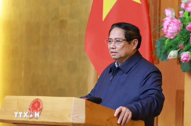 Thủ tướng Phạm Minh Chính chủ trì Phiên họp thứ tư của Ban Chỉ đạo rà soát, xử lý vướng mắc trong hệ thống văn bản quy phạm pháp luật. (Ảnh: Dương Giang/TTXVN) ttxvn-thu-tuong-van-ban-quy-pham-phap-luat-2.jpg